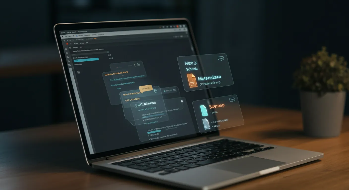 Featured image for AI SEO for Next.js: Autonomous Optimization in 2026 A Next.js project displayed in a code editor with AI SEO agent annotations highlighting metadata, schema, and App Router structure, with a git commit notification overlay.
