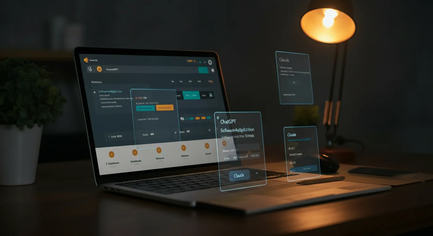 Featured image for AI SEO for SaaS: How to Win Search and AI Citations in 2026 A SaaS dashboard product screenshot rendered alongside AI-generated annotations highlighting feature schema, comparison pages, and brand-citation signals for ChatGPT discovery.