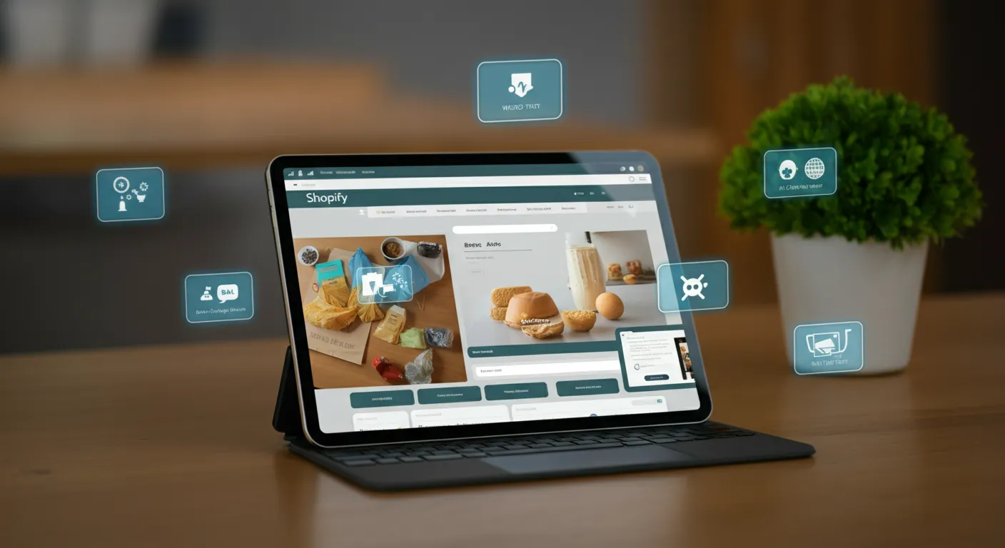 Featured image for AI SEO for Shopify: 2026 Playbook for Product Discovery A Shopify product page rendered on a tablet with floating AI SEO annotations highlighting Product schema, alt text, and brand-attributed quote blocks for ChatGPT citation.