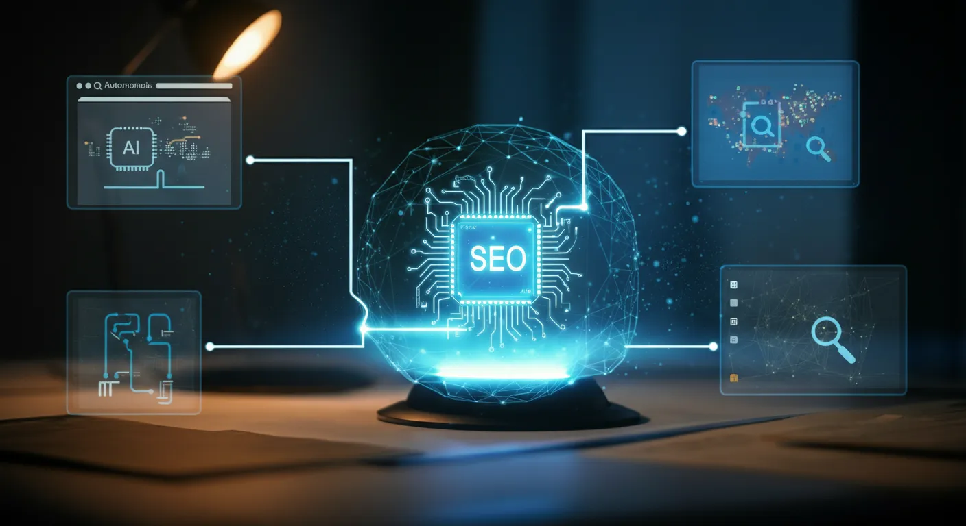 Featured image for Autonomous AI SEO Agent: What It Is and How It Works A glowing autonomous AI agent at the centre of a network connecting a website, a git repository, and AI search engines, illustrating fully automated SEO optimization.
