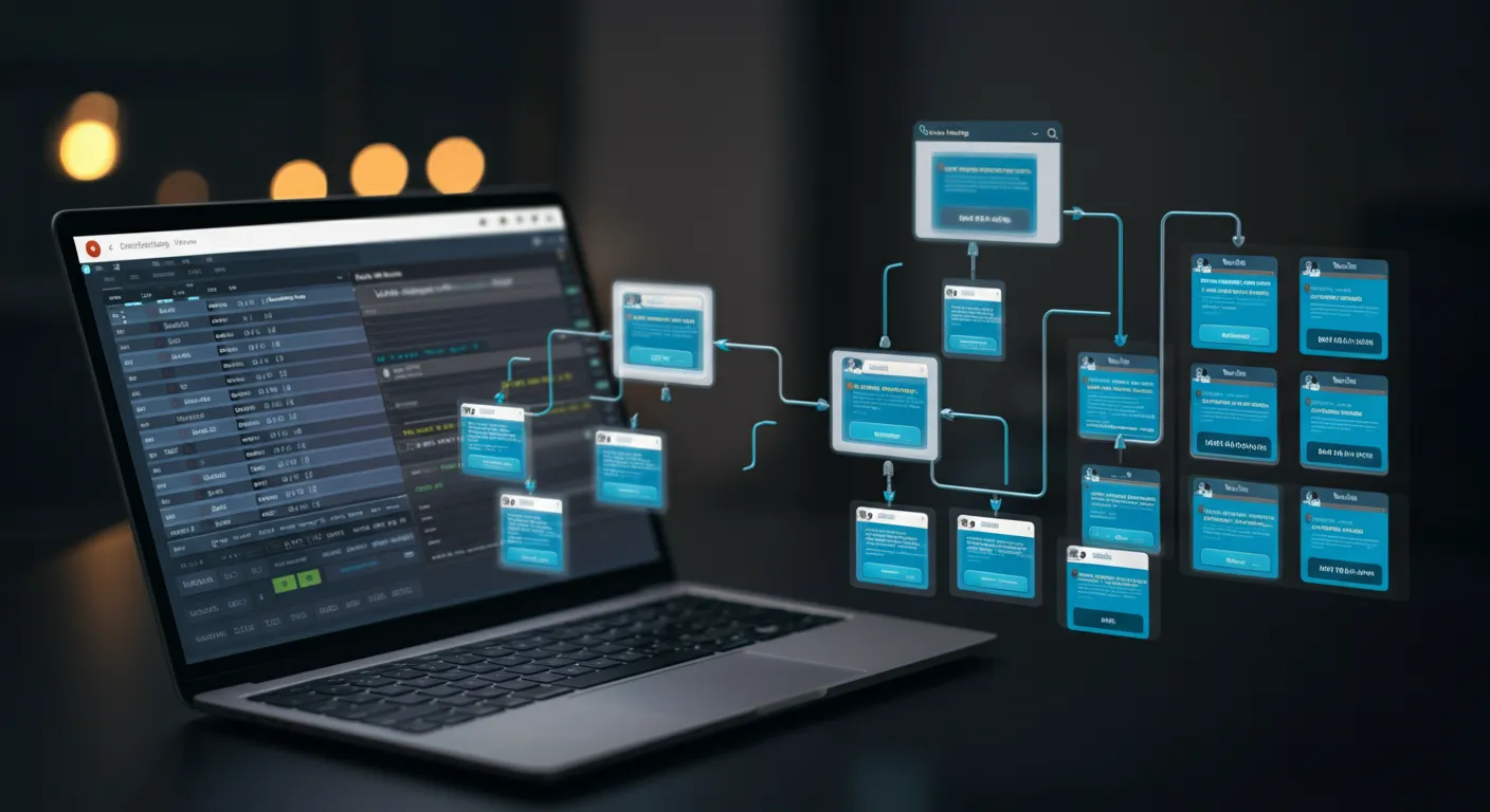Featured image for Programmatic SEO: How to Build Thousands of Pages That Rank Database feeding structured data into page templates generating thousands of SEO optimized web pages