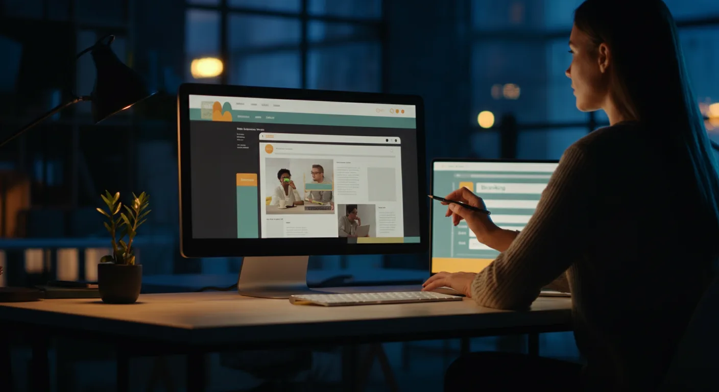 A website being edited by AI agents on one side while an external AI assistant completes a booking on the other, showing both directions of an agentic website