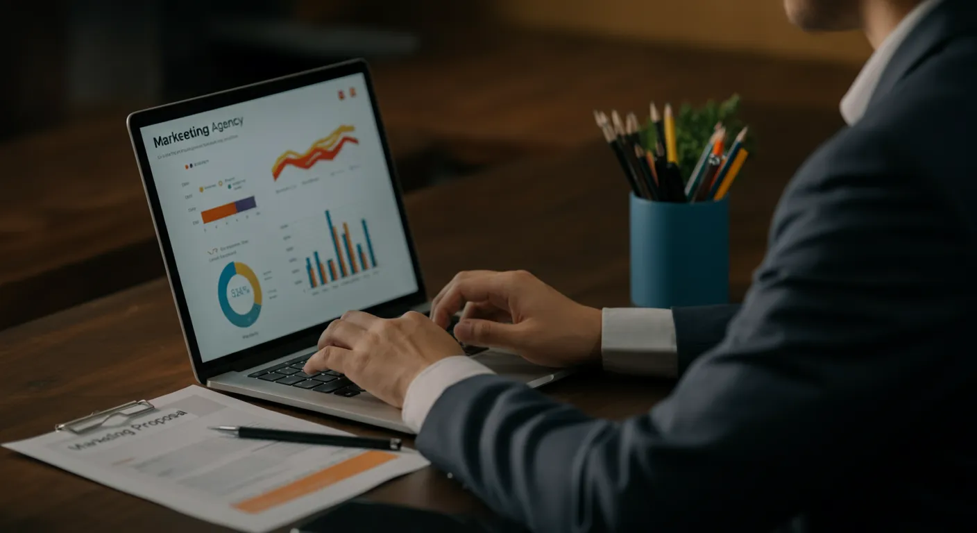 Business owner comparing AI marketing platform dashboard to a traditional marketing agency proposal on their desk