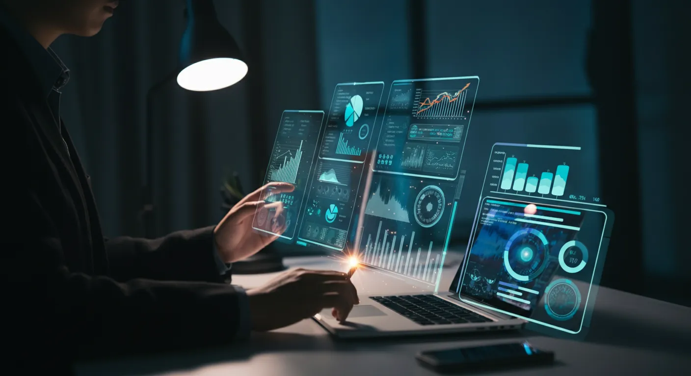 AI-powered digital marketing dashboard displaying analytics, chatbot conversations, and predictive data visualizations in a modern workspace