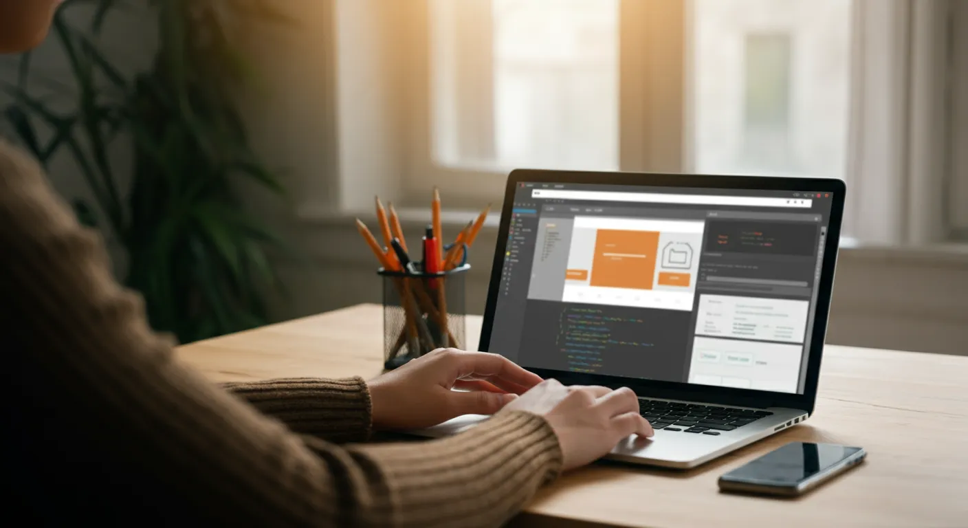 Small business owner reviewing website builder options on a laptop screen in a modern office