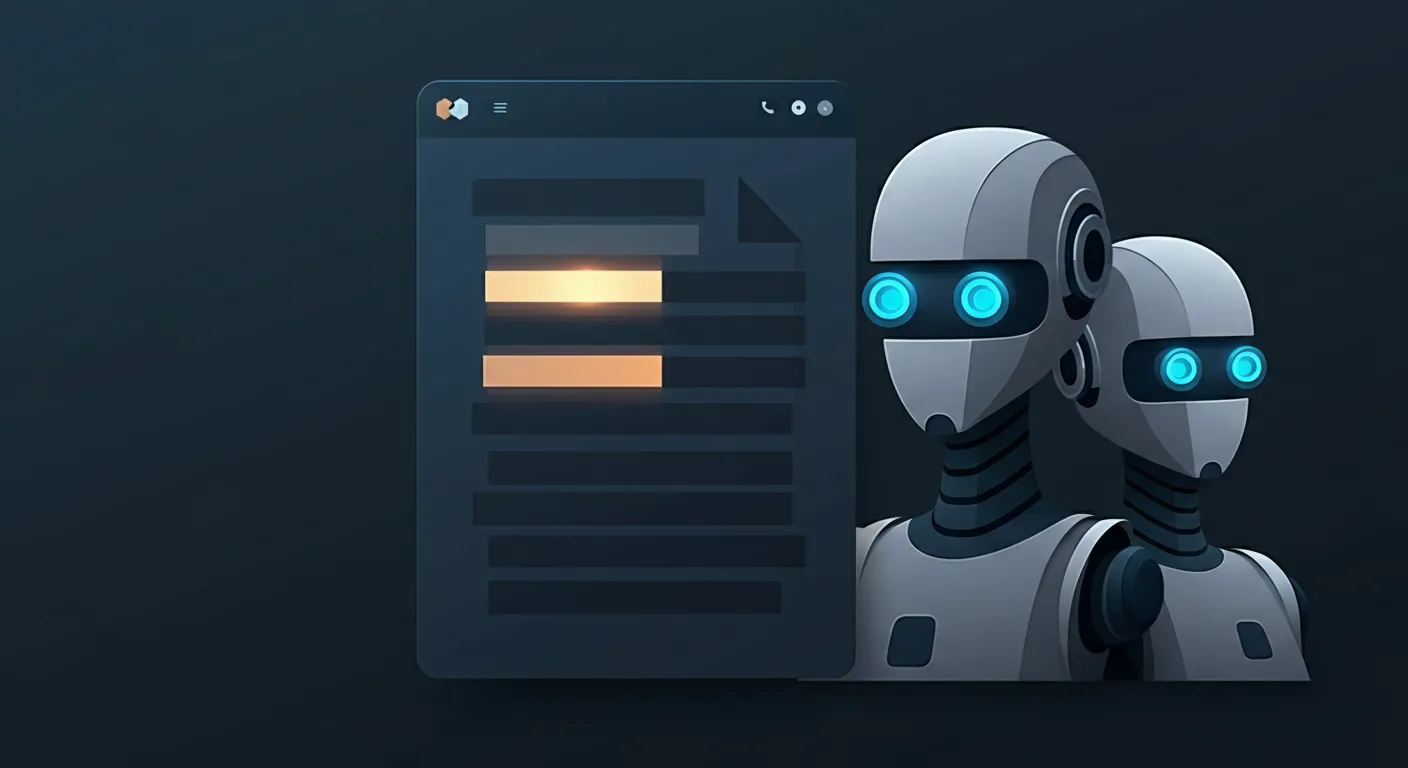 Illustration of a robots.txt document panel with two highlighted amber lines, while two crawler robots stand beside it facing away, ignoring the highlighted directives