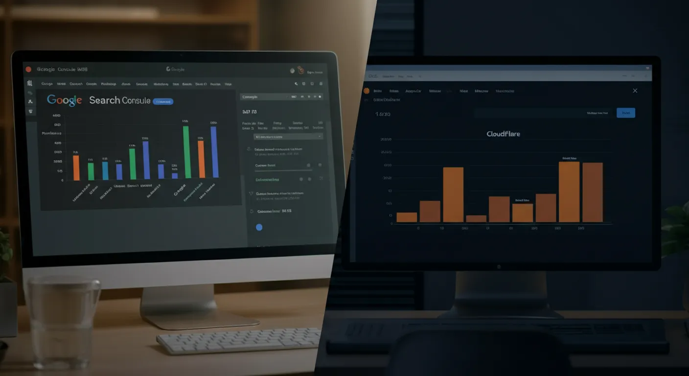 Split screen showing Google Search Console and Cloudflare Web Analytics dashboards with Core Web Vitals metrics