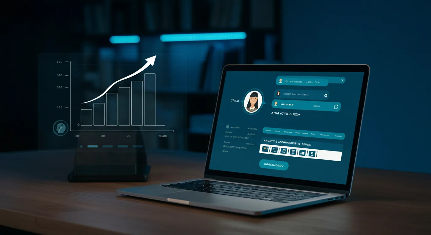 An AI chat interface citing a business website as a source, with citation cards and a rising visibility graph beside it
