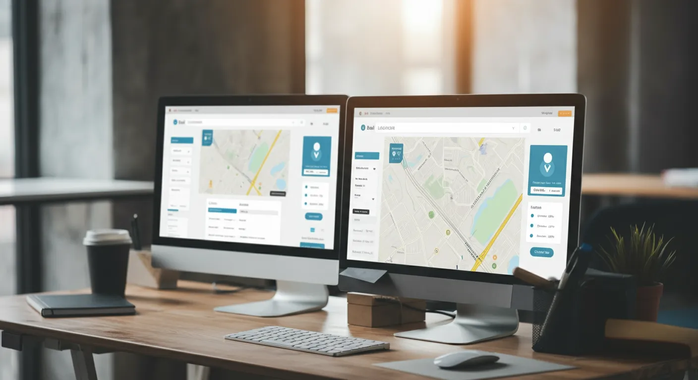 Split screen showing Google Business Profile and Bing Places dashboards on two monitors in a modern office