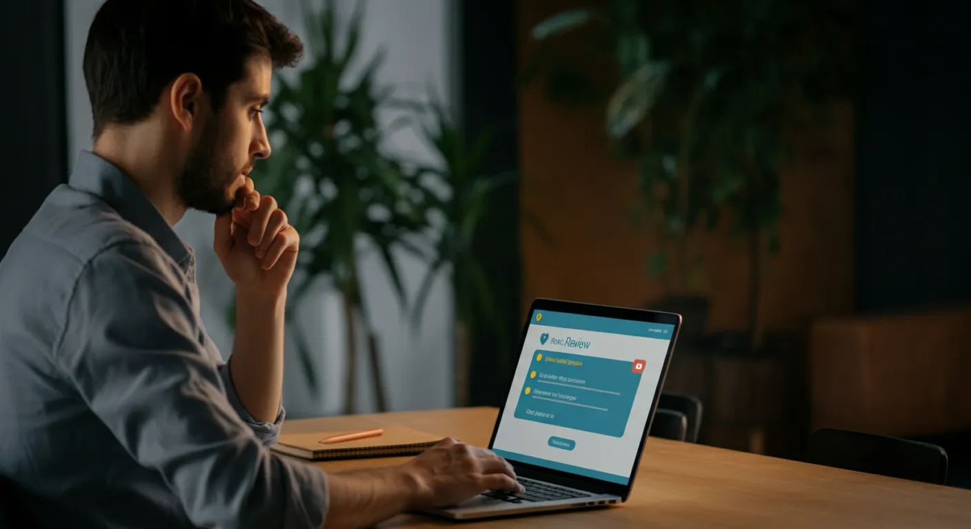 Small business owner thoughtfully composing a professional review response on a laptop at a clean modern desk