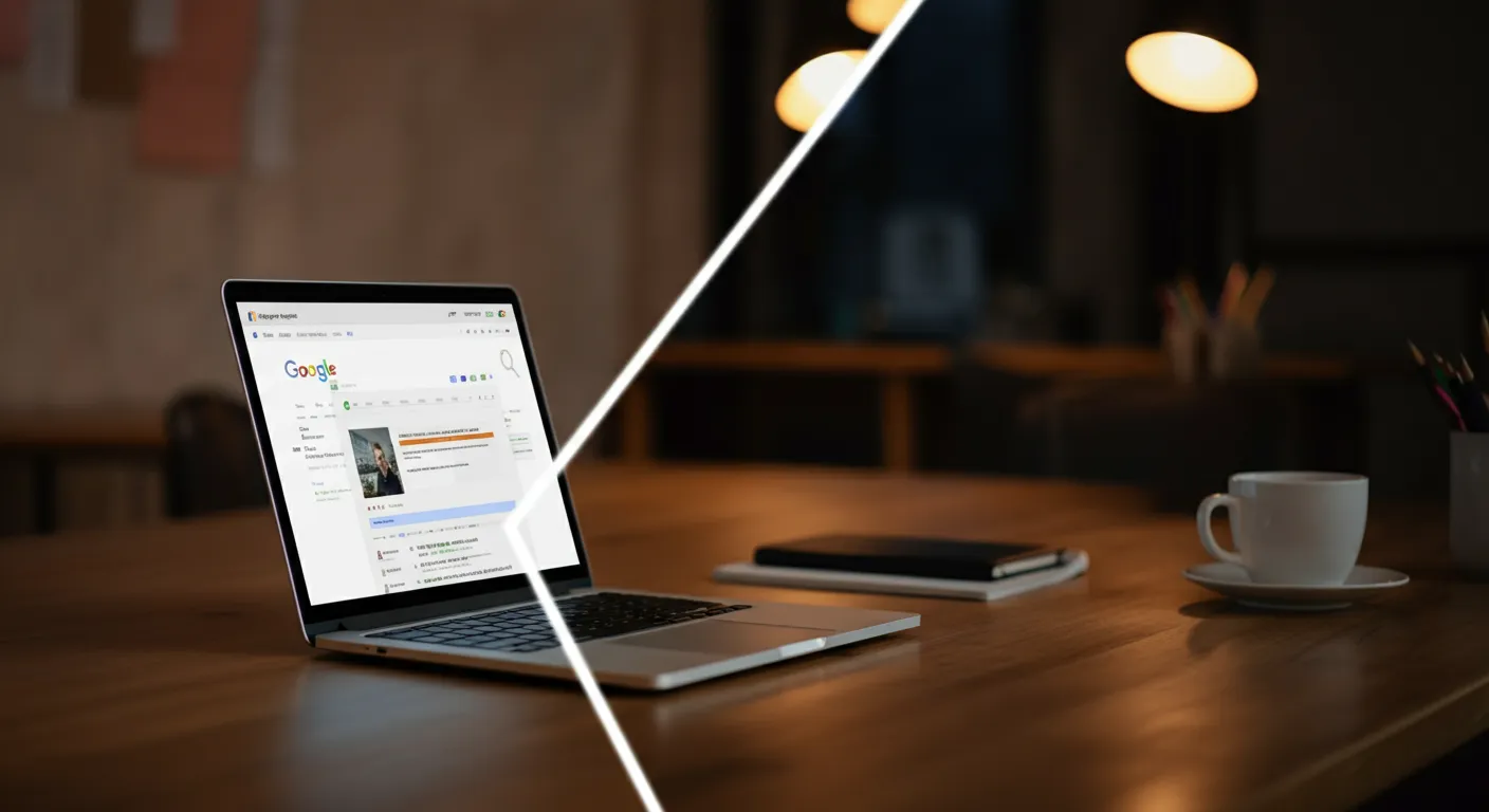 Split screen showing a website ranking on Google search results but missing from Bing search results