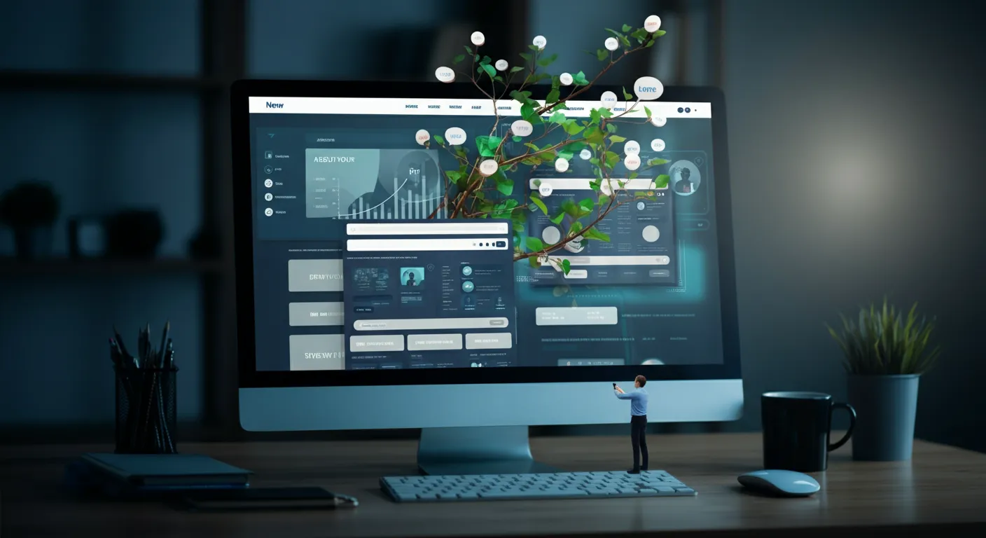 A modern website on a large screen rebuilding and improving itself, with AI agents editing sections and analytics curves trending upward