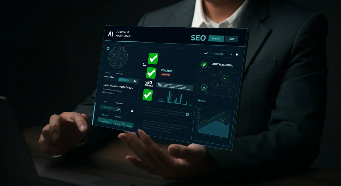 AI-powered dashboard showing automated SEO monitoring with real-time issue detection and self-healing fixes