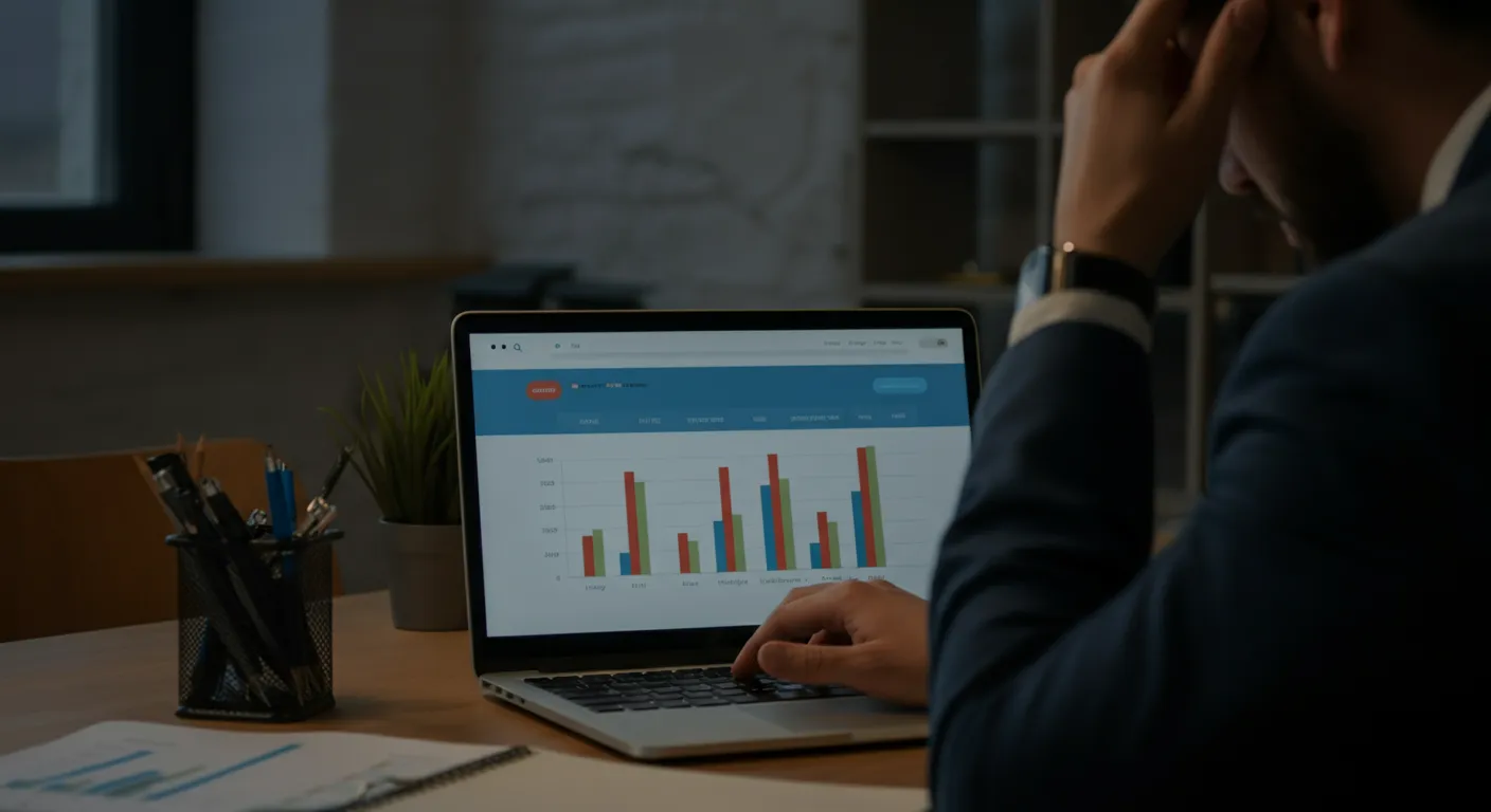 Frustrated business owner reviewing flat website traffic charts on a laptop in a modern office, looking at SEO reports with no growth