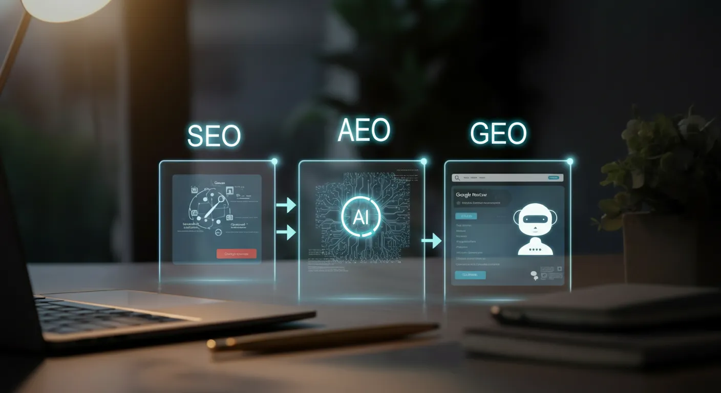 Three glowing layers labelled SEO, AEO, and GEO stacked above a website, with arrows connecting them to Google, AI Overviews, and AI chatbots like ChatGPT and Claude.