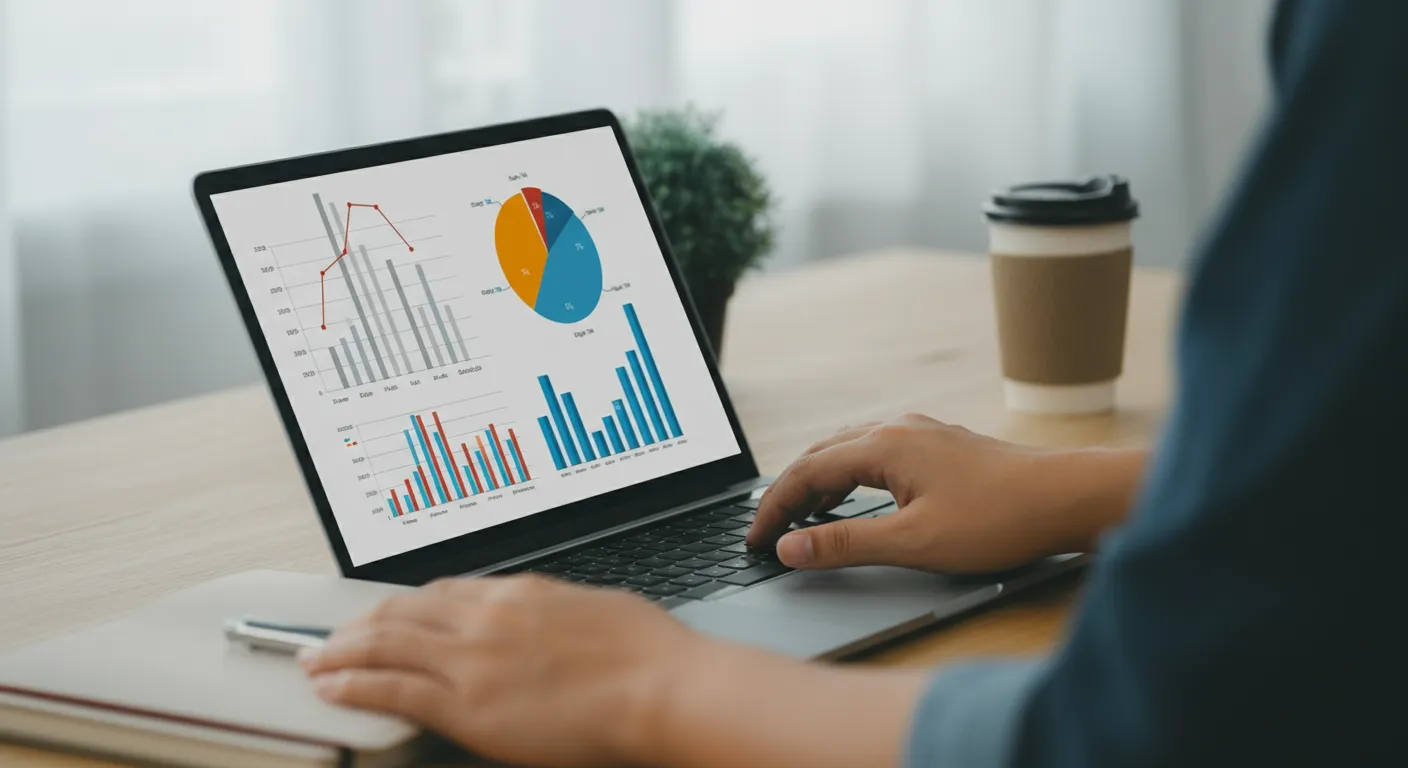 Small business owner analyzing organic search traffic data on a laptop in a modern office setting