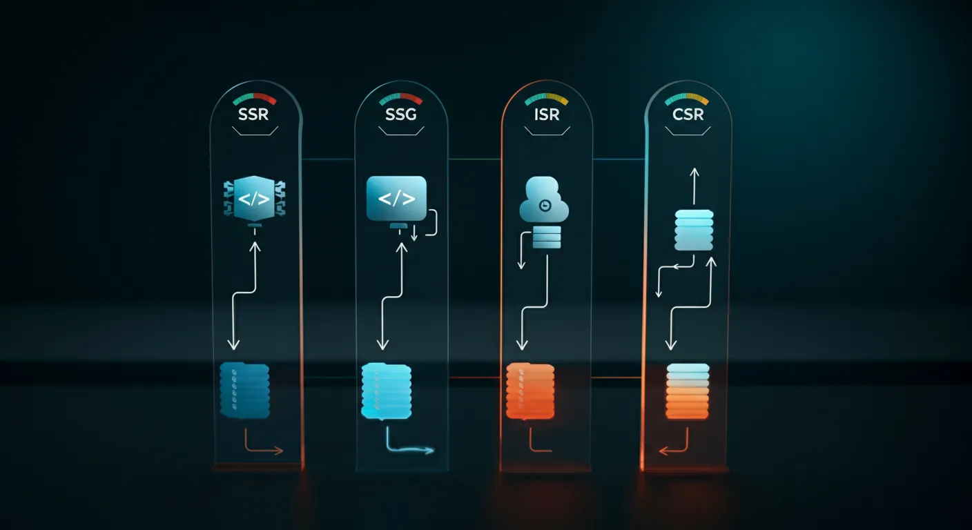 Diagram comparing four web rendering strategies SSR SSG ISR and CSR with performance metrics