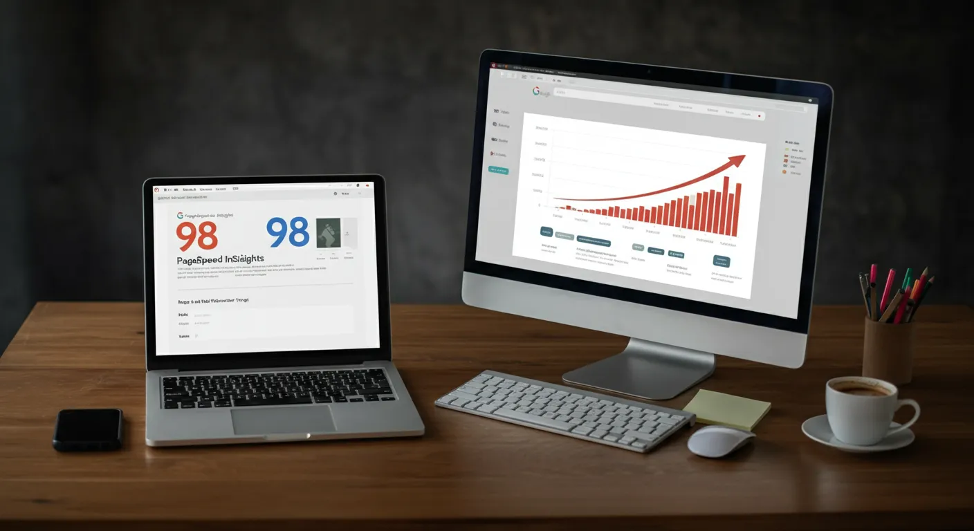 Business owner reviewing website analytics dashboard showing page speed metrics and search visibility data