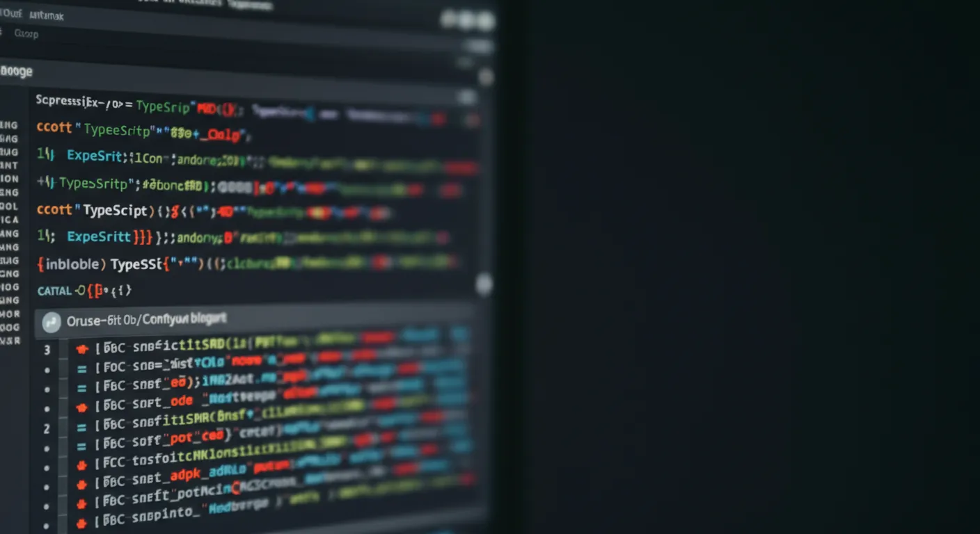 TypeScript and JavaScript logos side by side with a performance metrics dashboard in the background