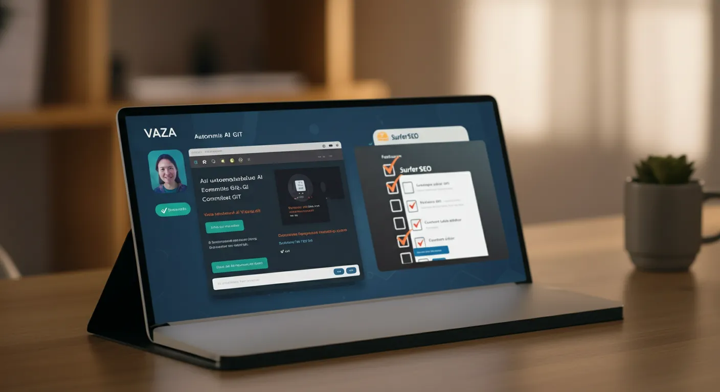 Side-by-side comparison cards labelled Vaza and Surfer SEO showing autonomous-agent and content-optimization features with feature checkmarks for SMB buyers.