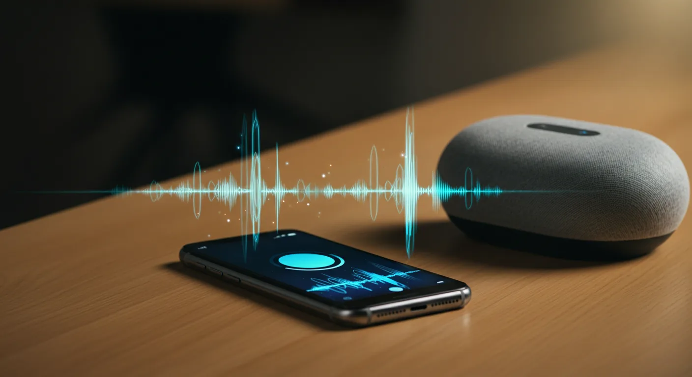 A smart speaker and smartphone side by side with a sound wave flowing between them, representing LLM-powered voice assistants answering a spoken question