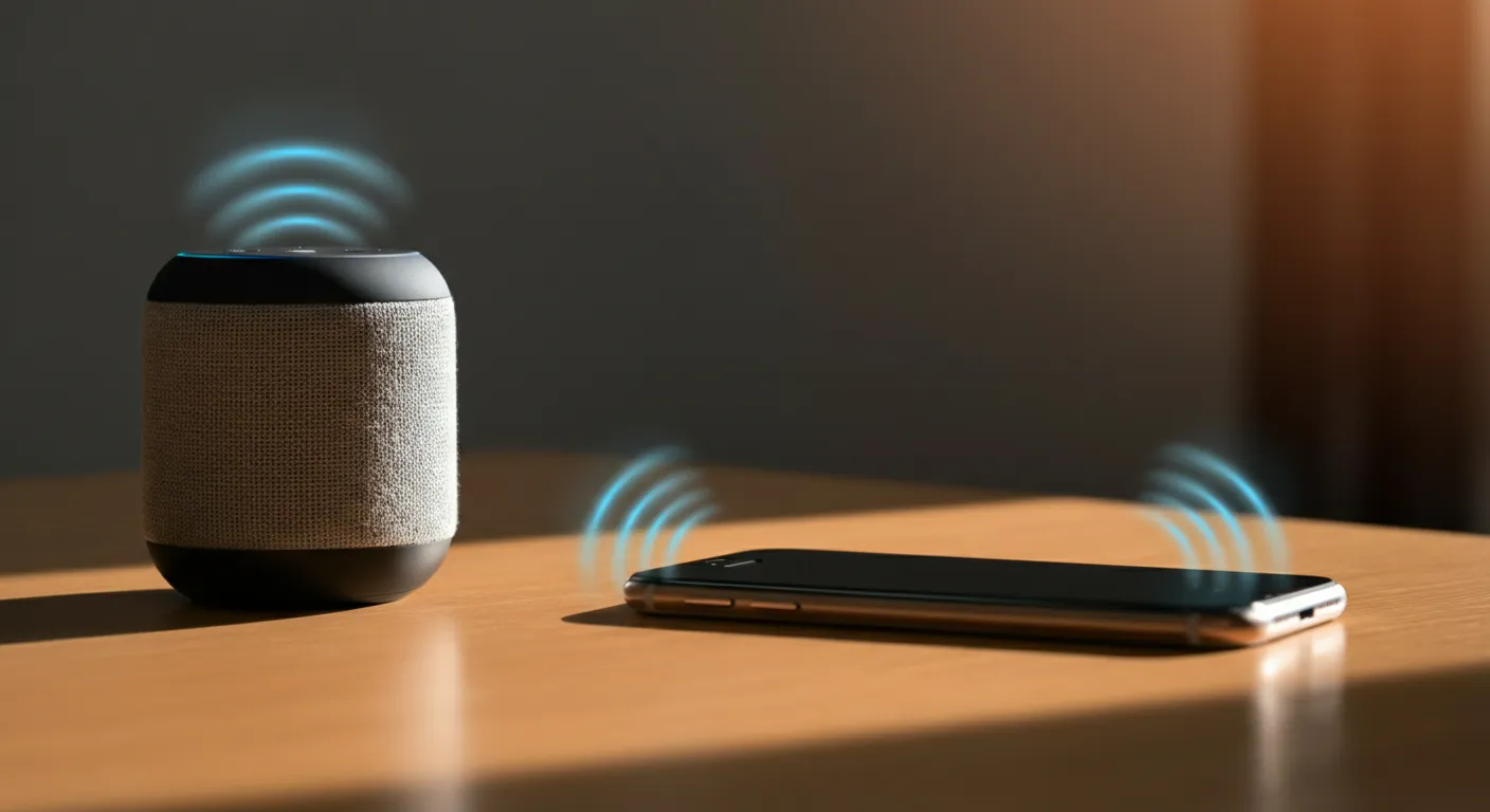 A smart speaker, smartphone, and laptop arranged on a desk with sound waves emanating, surrounded by floating Speakable schema annotations and voice-query examples.