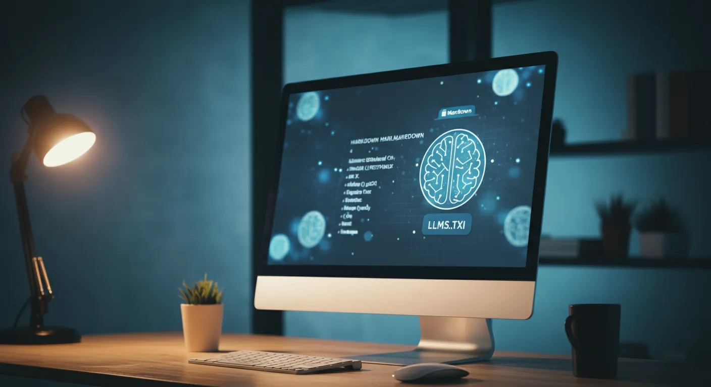 A website llms.txt file displayed on a monitor with AI chatbot icons surrounding it