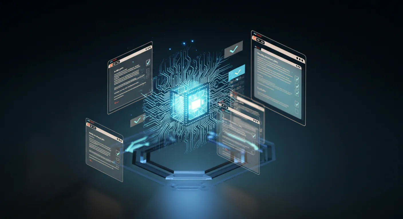 An autonomous AI agent symbolised as a glowing node committing code fixes to a git repository, with self-healing SEO scan markers around a website diagram.