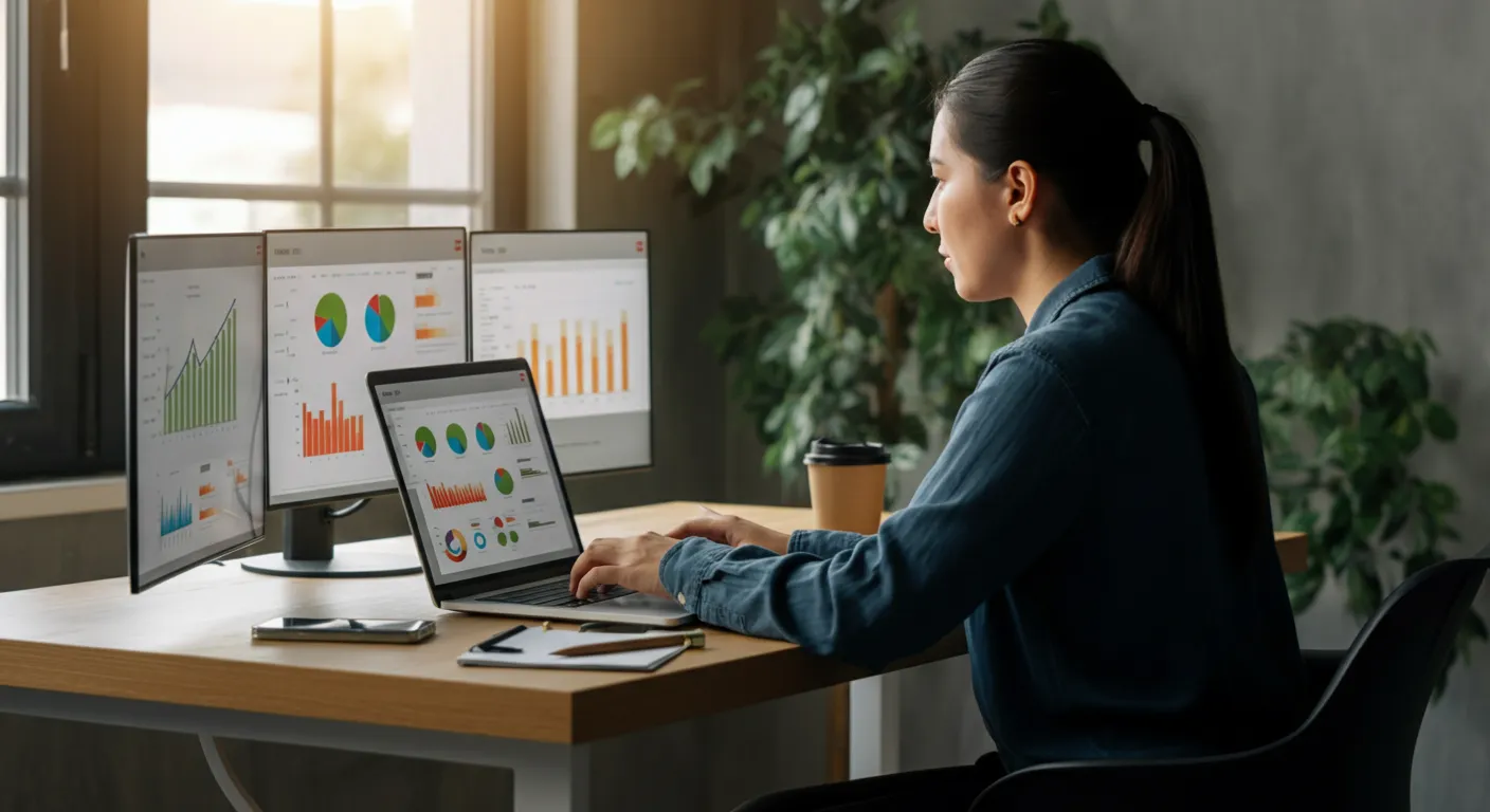 Small business owner analyzing SEO performance data and search engine rankings on a laptop in a modern office