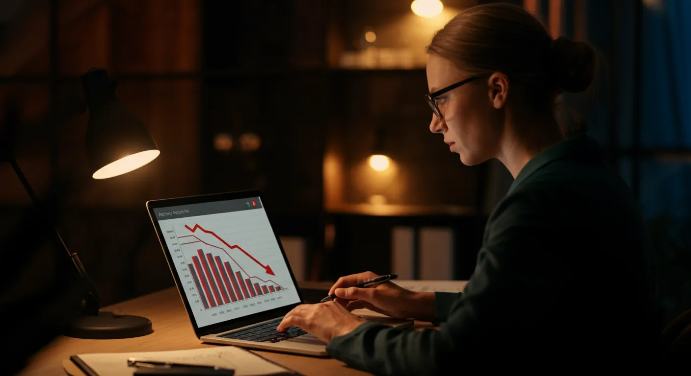 Business owner looking at declining website traffic graph on a laptop screen in a modern office