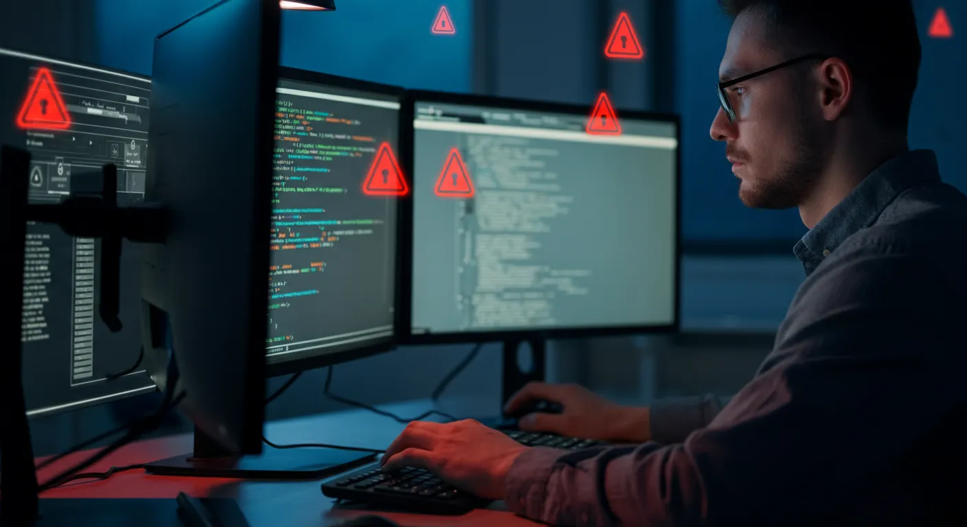 Small business owner frustrated by a hacked WordPress website showing a security warning screen
