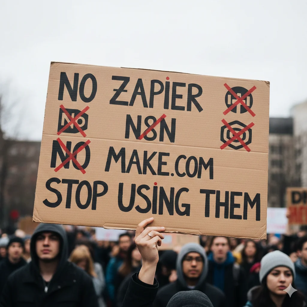 Protest sign saying No Zapier No n8n No Make.com Stop Using Them